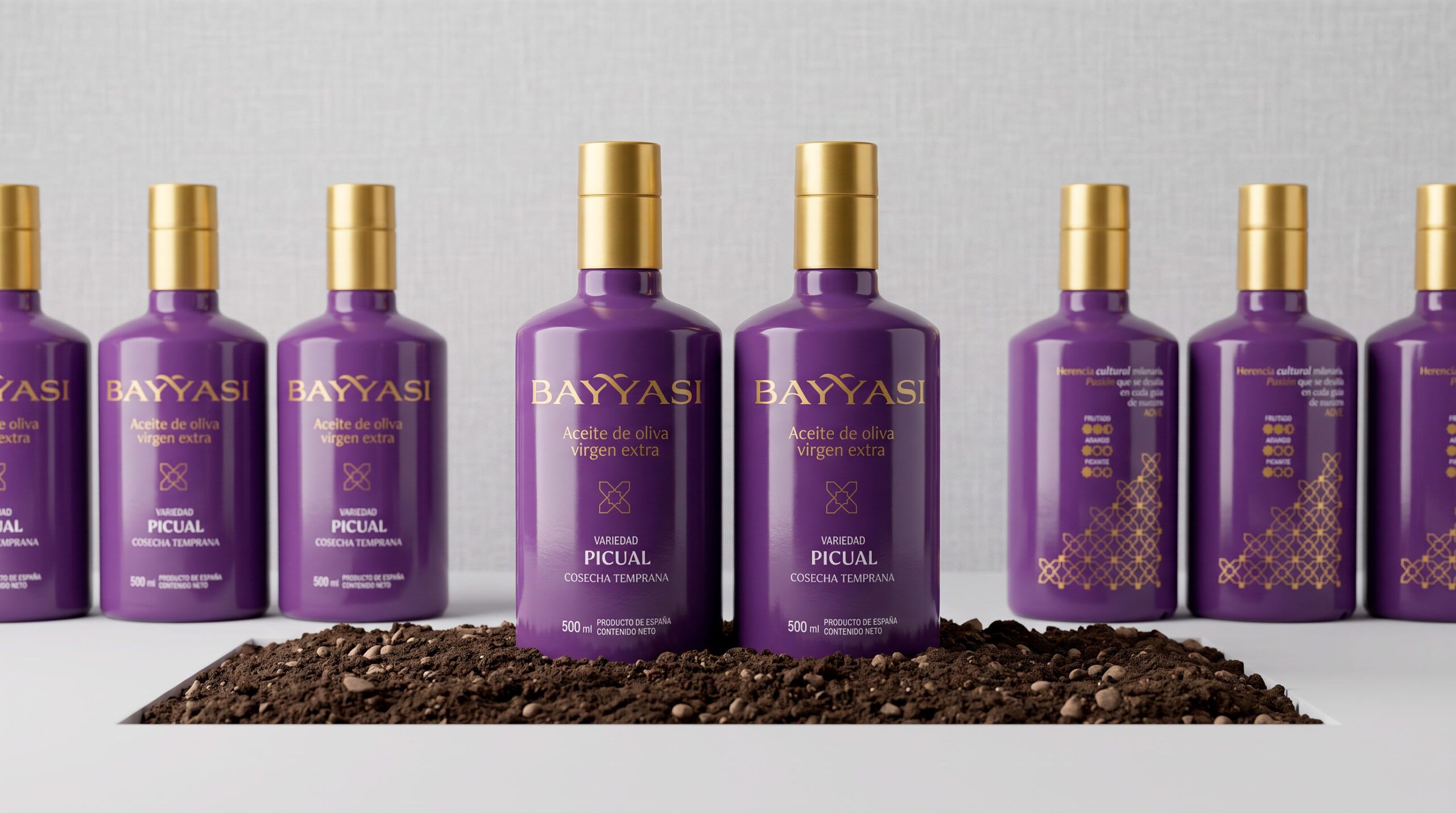 tres botellas de bayyasi aove con fondo negro