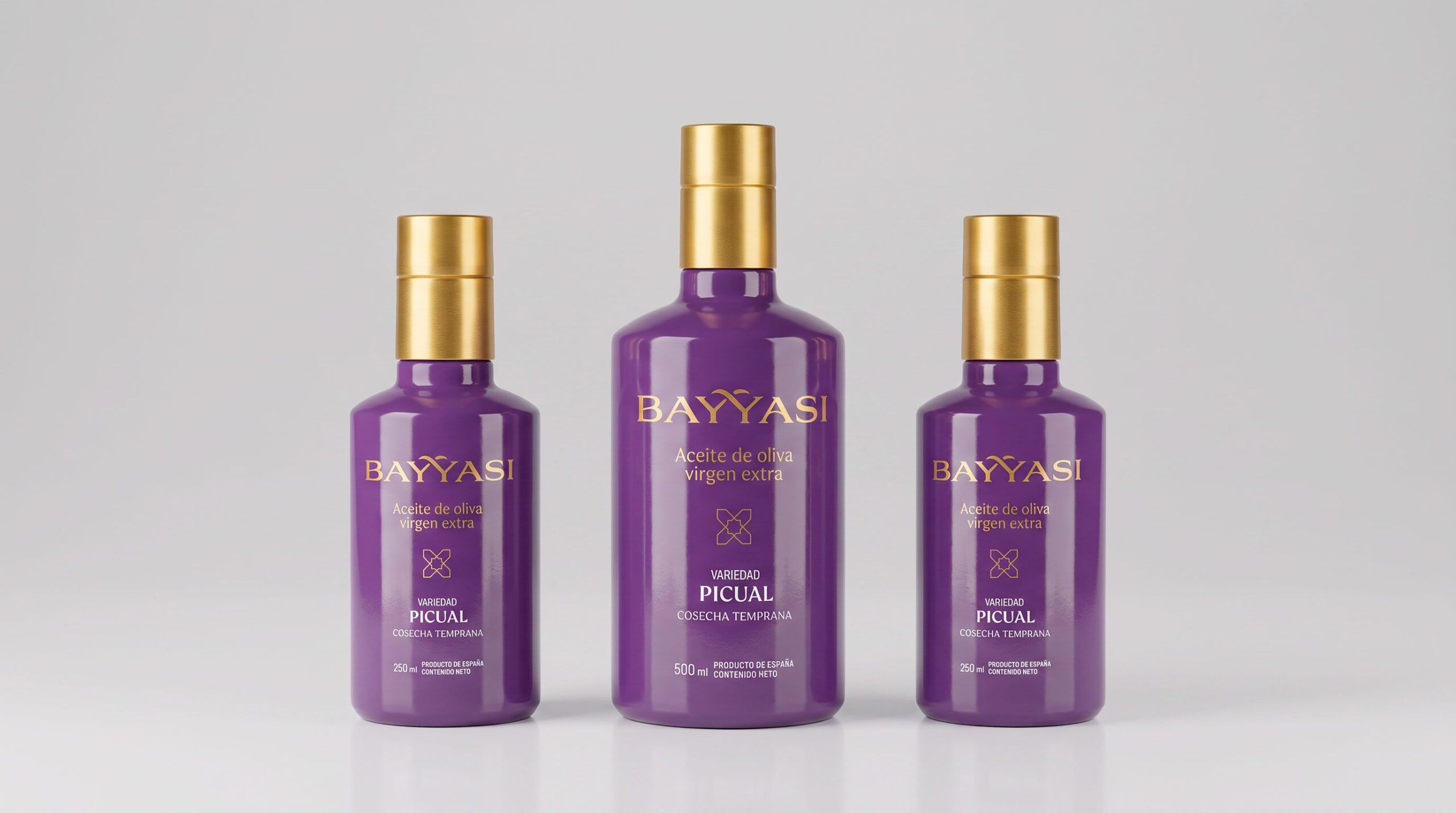 tres botellas de aceite de bayyasi aove diseñado por loris brand estudio con olive brand